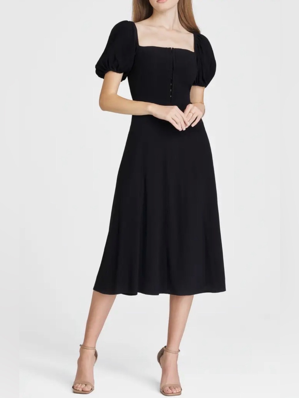 Wayf Black Square-Neck Midi Dress with Puff Sleeves L